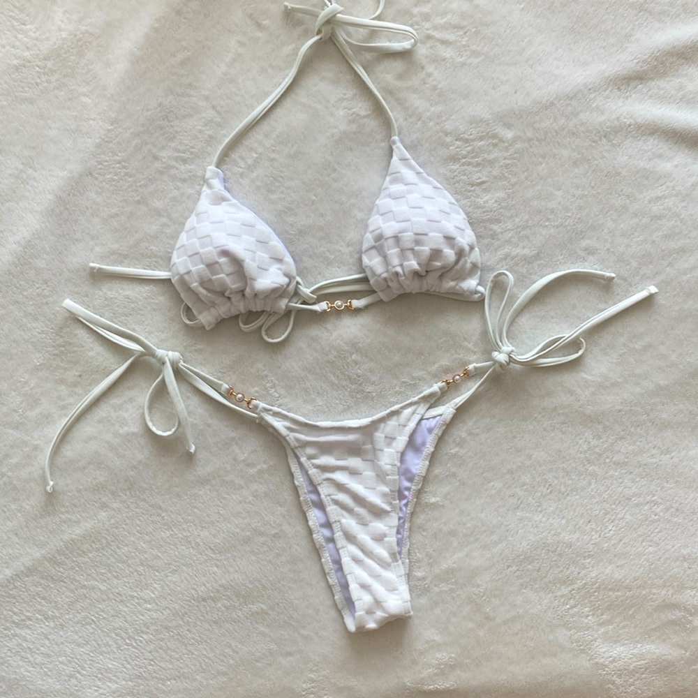 White Checkered Terry cloth Bikini